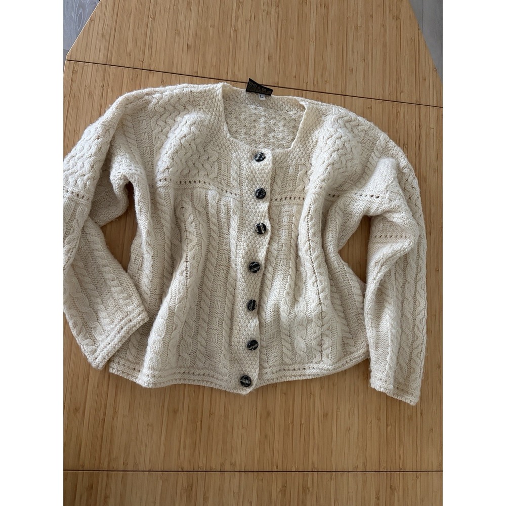 Carraig Donn Aran Cable Knit Pure New Wool Cardigan Sweater Cream L